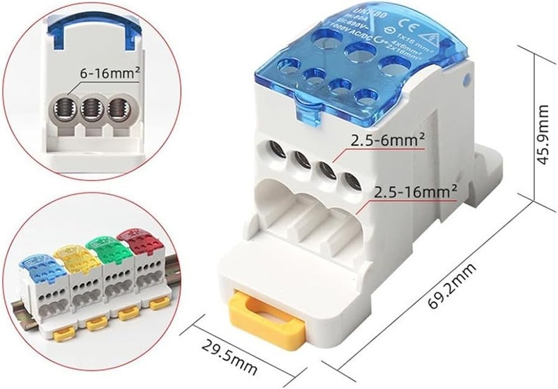Fabuleta 80A Power Junction Box Distribution Terminal Block Connector DIN Rail Blue - Image 2
